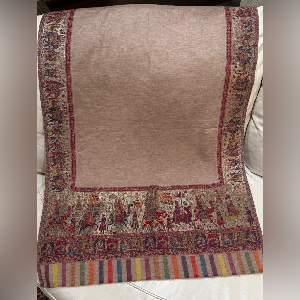 Moonlight Mughal Border, Pashmina Shawl, Wedding Gift, 27 Inches By 80 Inches